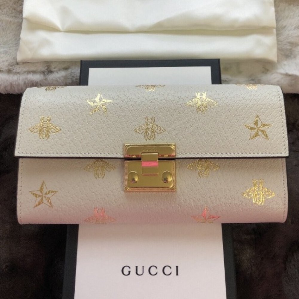Gucci Padlock Bee Star Leather Wallet Clutch Detachable Chain With Box/Dust Bag